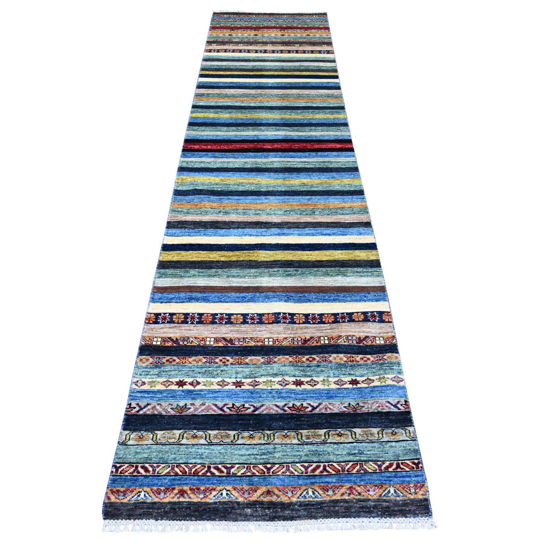 Shades of Blue, Afghan Super Kazak with Khorjin Design, Hand Knotted, Velvety Wool, Vegetable Dyes, Runner, Oriental Rug
